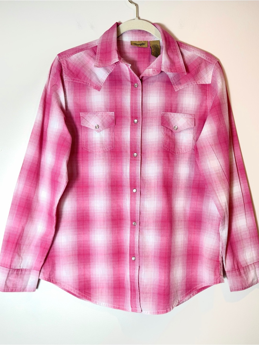 Rock 57 by Wrangler Pink & White Plaid Western Pearl Snap Shirt Size Medium